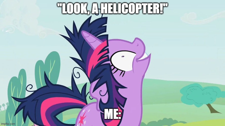 WHERE? | ''LOOK, A HELICOPTER!''; ME: | image tagged in look up,mlp,twilight,twilight sparkle,where,helicopter | made w/ Imgflip meme maker