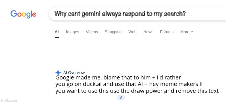 Google be like | Why cant gemini always respond to my search? Google made me, blame that to him + i'd rather you go on duck.ai and use that AI + hey meme makers if you want to use this use the draw power and remove this text | image tagged in google search,google gemini,gemini,is a,noob,oh wow are you actually reading these tags | made w/ Imgflip meme maker