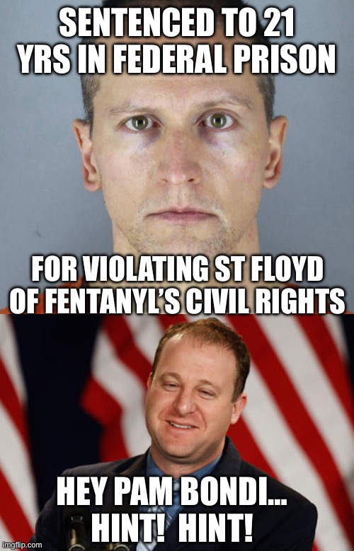 SENTENCED TO 21 YRS IN FEDERAL PRISON HEY PAM BONDI…
HINT!  HINT! FOR VIOLATING ST FLOYD OF FENTANYL’S CIVIL RIGHTS | image tagged in derek chauvin | made w/ Imgflip meme maker