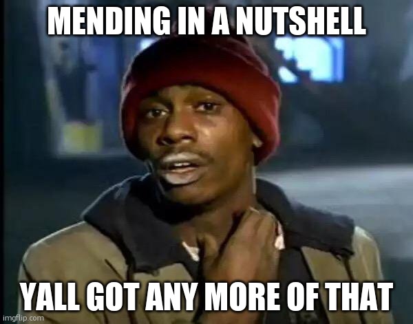 mending in a nutshell | MENDING IN A NUTSHELL; YALL GOT ANY MORE OF THAT | image tagged in memes,y'all got any more of that | made w/ Imgflip meme maker