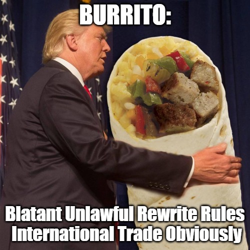 Trump BURRITO | BURRITO:; Blatant Unlawful Rewrite Rules
 International Trade Obviously | image tagged in trump burrito | made w/ Imgflip meme maker