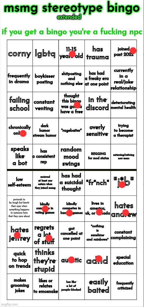 msmg stereotype bingo (extended) | image tagged in msmg stereotype bingo extended | made w/ Imgflip meme maker