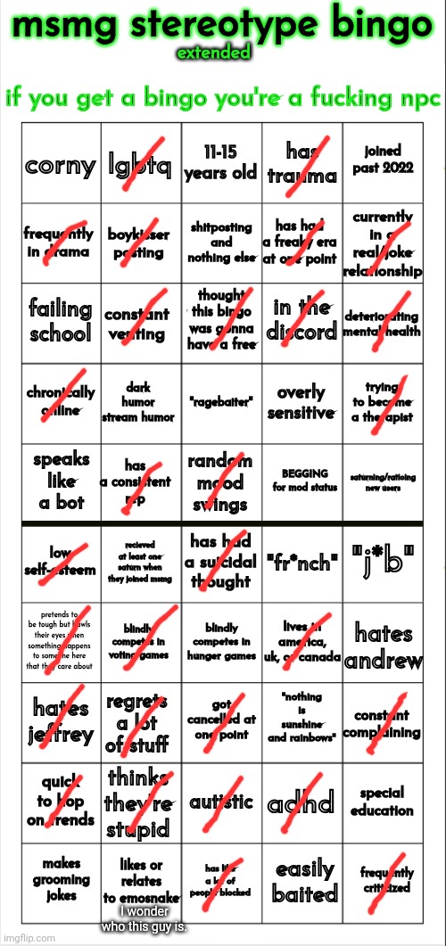 msmg stereotype bingo (extended) | I wonder who this guy is. | image tagged in msmg stereotype bingo extended | made w/ Imgflip meme maker