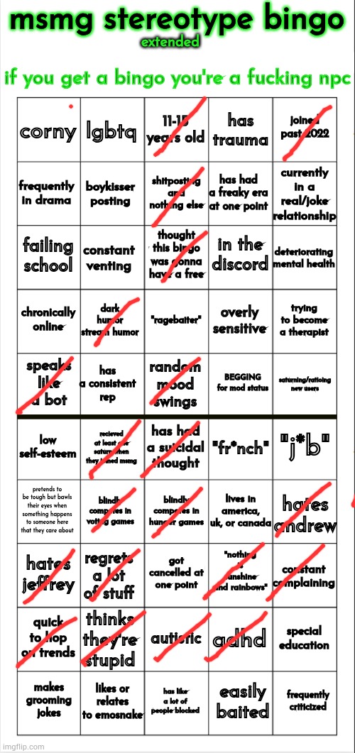 msmg stereotype bingo (extended) | image tagged in msmg stereotype bingo extended | made w/ Imgflip meme maker