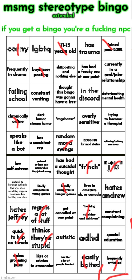 msmg stereotype bingo (extended) | image tagged in msmg stereotype bingo extended | made w/ Imgflip meme maker