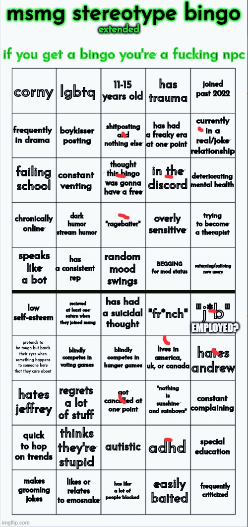 msmg stereotype bingo (extended) | EMPLOYED? | image tagged in msmg stereotype bingo extended | made w/ Imgflip meme maker