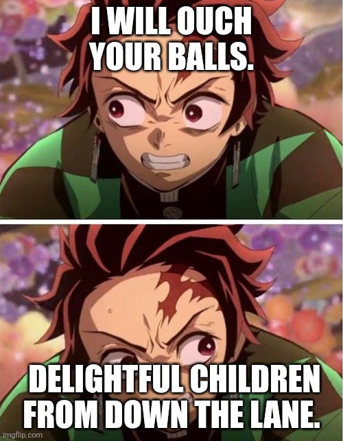 When i live as numbuh 6 in the knd and the DCDTL are attacking us. | I WILL OUCH YOUR BALLS. DELIGHTFUL CHILDREN FROM DOWN THE LANE. | image tagged in tanjiro amgry meme | made w/ Imgflip meme maker