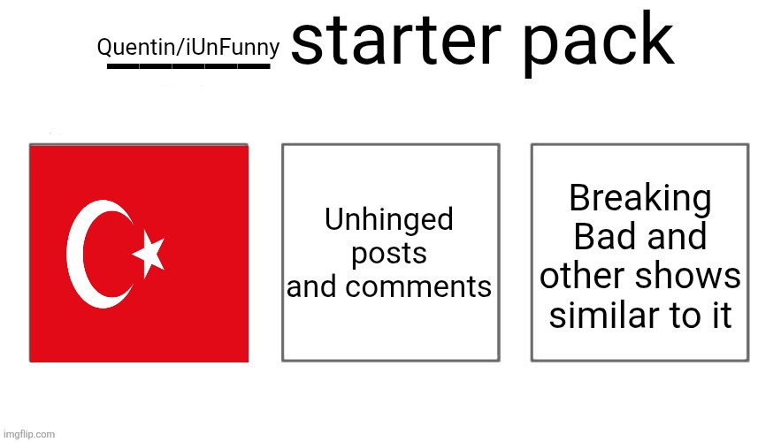 User starter pack | Quentin/iUnFunny; Unhinged posts and comments; Breaking Bad and other shows similar to it | image tagged in user starter pack | made w/ Imgflip meme maker