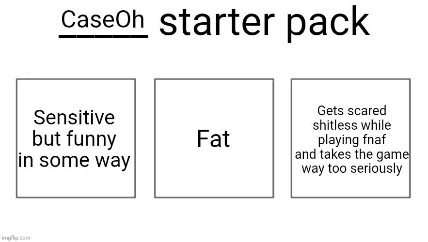 User starter pack | CaseOh; Sensitive but funny in some way; Fat; Gets scared shitless while playing fnaf and takes the game way too seriously | image tagged in user starter pack | made w/ Imgflip meme maker