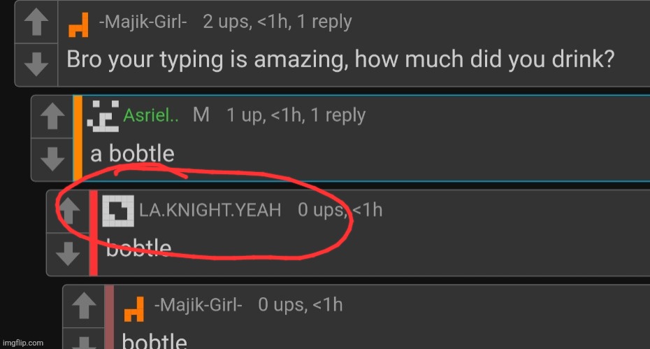 Ngl Lum is pretty much the female version of that LA.KNIGHT.YEAH user from a year ago (the one I circled) | made w/ Imgflip meme maker