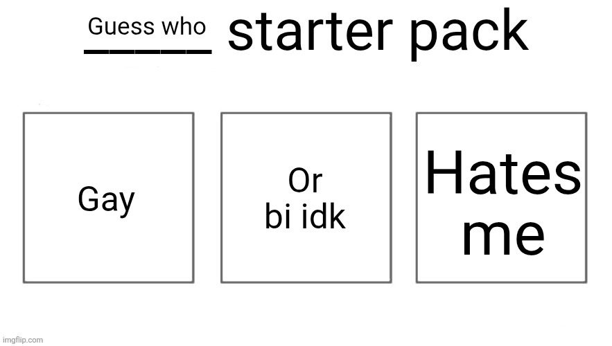 User starter pack | Guess who; Gay; Or bi idk; Hates me | image tagged in user starter pack | made w/ Imgflip meme maker