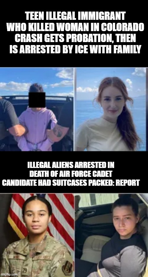 Whats the common denominator here ? | TEEN ILLEGAL IMMIGRANT WHO KILLED WOMAN IN COLORADO CRASH GETS PROBATION, THEN IS ARRESTED BY ICE WITH FAMILY; ILLEGAL ALIENS ARRESTED IN DEATH OF AIR FORCE CADET CANDIDATE HAD SUITCASES PACKED: REPORT | made w/ Imgflip meme maker