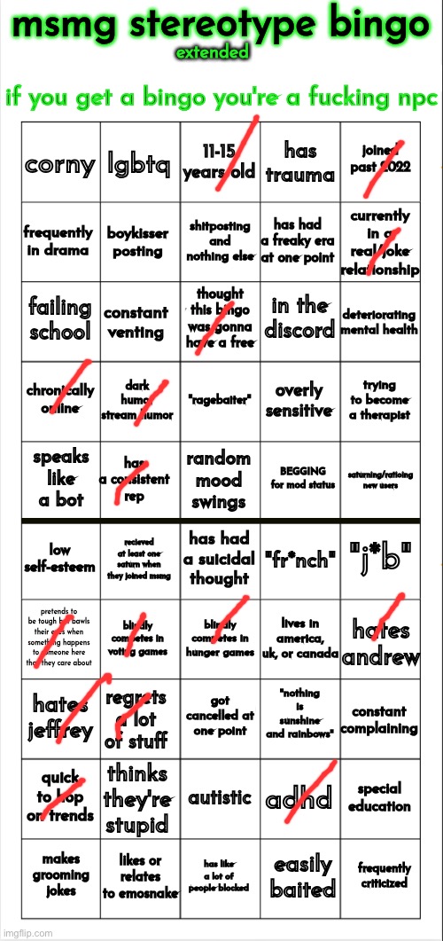 success | image tagged in msmg stereotype bingo extended | made w/ Imgflip meme maker