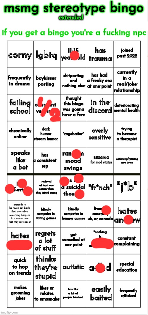 l bingo | image tagged in msmg stereotype bingo extended | made w/ Imgflip meme maker