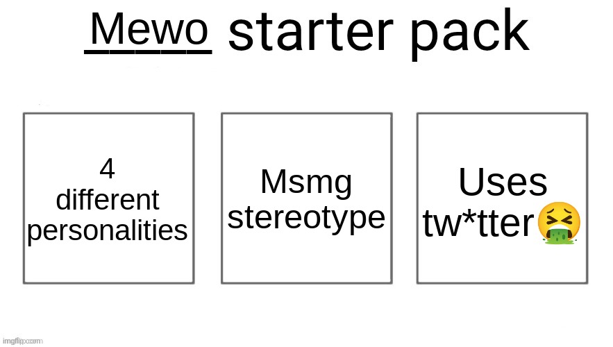 User starter pack | Mewo; 4 different personalities; Msmg stereotype; Uses tw*tter🤮 | image tagged in user starter pack | made w/ Imgflip meme maker