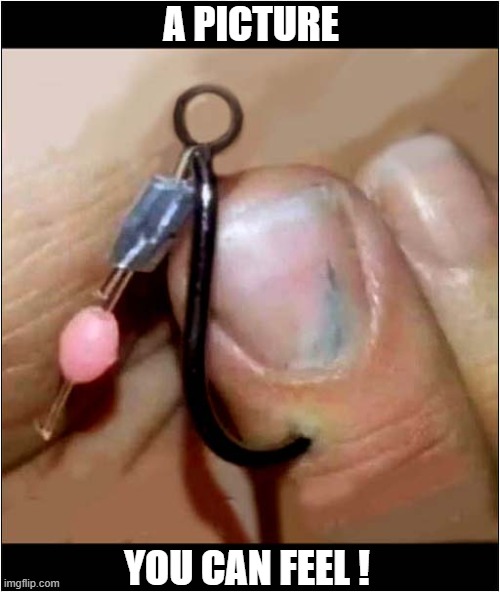 I'm Glad That's Not Me ! | A PICTURE; YOU CAN FEEL ! | image tagged in finger,fishing hook,deep penetration,dark humour | made w/ Imgflip meme maker