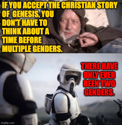 Know thyself. | IF YOU ACCEPT THE CHRISTIAN STORY
OF  GENESIS, YOU
DON'T HAVE TO
THINK ABOUT A
TIME BEFORE
MULTIPLE GENDERS. THERE HAVE
ONLY EVER
BEEN TWO
GENDERS. | image tagged in memes,these aren't the droids you were looking for,storm trooper conversation,gender,uncomfortable truths,the war on science | made w/ Imgflip meme maker