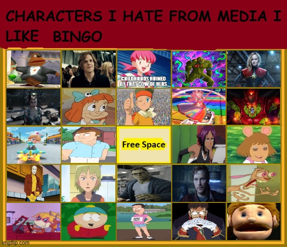 characters i hate from media i like bingo | image tagged in characters i hate from media i like bingo,marvel,anime,comics/cartoons,videogames,movies | made w/ Imgflip meme maker