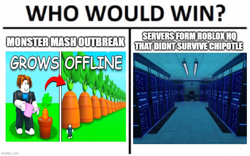 Who Would Win? Meme | MONSTER MASH OUTBREAK; SERVERS FORM ROBLOX HQ THAT DIDNT SURVIVE CHIPOTLE | image tagged in memes,who would win,roblox | made w/ Imgflip meme maker