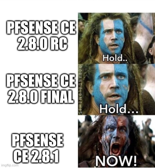 firewall update | PFSENSE CE 
2.8.0 RC; PFSENSE CE 2.8.0 FINAL; PFSENSE CE 2.8.1 | image tagged in braveheart william wallace hold | made w/ Imgflip meme maker