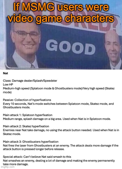 Longest description yet | If MSMG users were video game characters | image tagged in injured good announcement | made w/ Imgflip meme maker