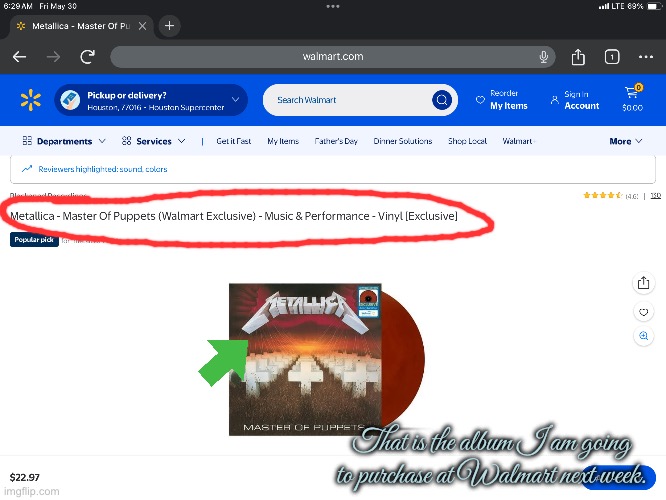 Metallica Vinyl Record | That is the album I am going to purchase at Walmart next week. | image tagged in metallica,walmart,music,texas,grandmother,collection | made w/ Imgflip meme maker