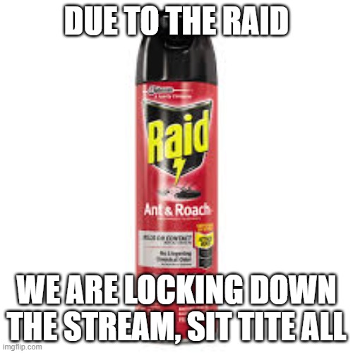Sorry, blame 70lastchance | DUE TO THE RAID; WE ARE LOCKING DOWN THE STREAM, SIT TITE ALL | made w/ Imgflip meme maker