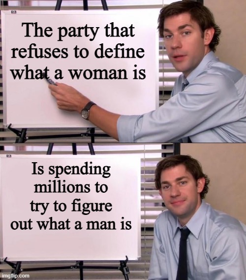Jim Halpert Explains | The party that refuses to define what a woman is; Is spending millions to try to figure out what a man is | image tagged in jim halpert explains | made w/ Imgflip meme maker