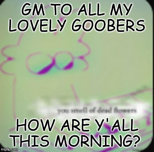 gm y'all!! hru? if anyone needs to talk lemme know<333 | GM TO ALL MY LOVELY GOOBERS; HOW ARE Y'ALL THIS MORNING? | image tagged in alt ig | made w/ Imgflip meme maker