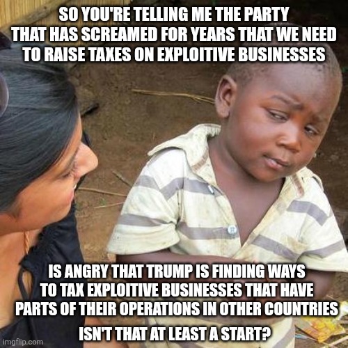 Third World Skeptical Kid | SO YOU'RE TELLING ME THE PARTY THAT HAS SCREAMED FOR YEARS THAT WE NEED TO RAISE TAXES ON EXPLOITIVE BUSINESSES; IS ANGRY THAT TRUMP IS FINDING WAYS TO TAX EXPLOITIVE BUSINESSES THAT HAVE PARTS OF THEIR OPERATIONS IN OTHER COUNTRIES; ISN'T THAT AT LEAST A START? | image tagged in memes,third world skeptical kid | made w/ Imgflip meme maker