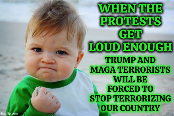 Two Hundred And Sixty Million Americans Disagree With Trump's Terrorism | WHEN THE
PROTESTS GET
LOUD ENOUGH; TRUMP AND MAGA TERRORISTS WILL BE FORCED TO STOP TERRORIZING OUR COUNTRY | image tagged in memes,success kid original,maga,trump is an abomination,trump is a rapist,trump is a traitor | made w/ Imgflip meme maker