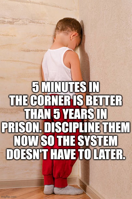 5 Minutes In The Corner Is Better Than 5 Years In Prison Discipline Them Now So The System Doesn't Have To Later | 5 MINUTES IN THE CORNER IS BETTER THAN 5 YEARS IN PRISON. DISCIPLINE THEM NOW SO THE SYSTEM DOESN'T HAVE TO LATER. | image tagged in chrisjoines1 | made w/ Imgflip meme maker