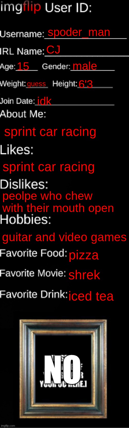 imgflip ID Card | spoder_man; CJ; male; 15; guess; 6'3; idk; sprint car racing; sprint car racing; peolpe who chew with their mouth open; guitar and video games; pizza; shrek; iced tea; NO | image tagged in imgflip id card | made w/ Imgflip meme maker