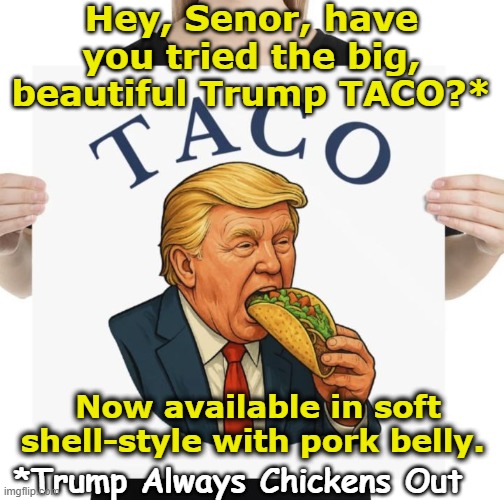 Trump Taco | Hey, Senor, have you tried the big, beautiful Trump TACO?*; Now available in soft shell-style with pork belly. *Trump Always Chickens Out | image tagged in maga,donald trump approves,nevertrump meme,trump to gop,gop,trump is a moron | made w/ Imgflip meme maker
