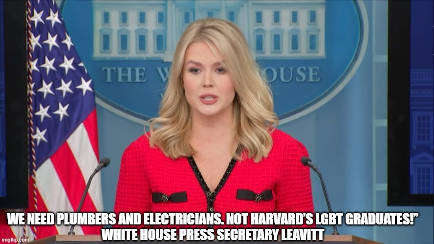 We need plumbers and electricians. Not Harvard’s LGBT graduates! | WE NEED PLUMBERS AND ELECTRICIANS. NOT HARVARD’S LGBT GRADUATES!”

WHITE HOUSE PRESS SECRETARY LEAVITT | image tagged in karoline leavitt,harvard | made w/ Imgflip meme maker