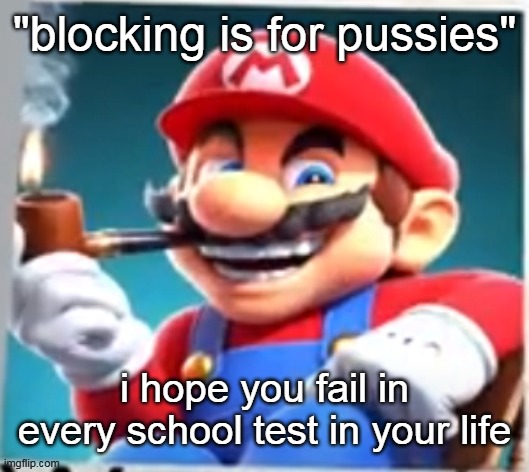 mario evilishly smoking pipe | "blocking is for pussies"; i hope you fail in every school test in your life | image tagged in mario evilishly smoking pipe | made w/ Imgflip meme maker