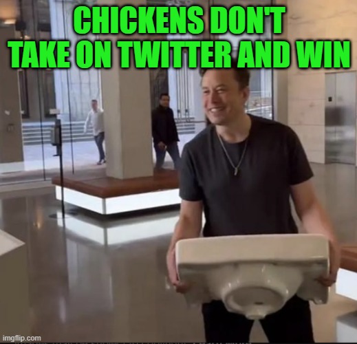 Elon Musk Sink | CHICKENS DON'T TAKE ON TWITTER AND WIN | image tagged in elon musk sink | made w/ Imgflip meme maker