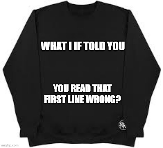 What if I told you that you read it wrong? Funny sweatshirt. | WHAT I IF TOLD YOU; YOU READ THAT FIRST LINE WRONG? | image tagged in funny,fun,sweatshirt,question,play on words,humor | made w/ Imgflip meme maker