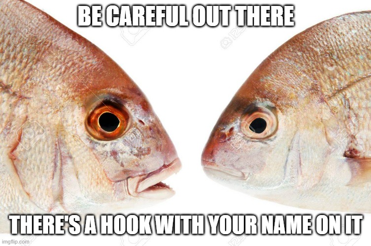 One fish tells another "be careful out there. There's a hook with your name on it." | BE CAREFUL OUT THERE; THERE'S A HOOK WITH YOUR NAME ON IT | image tagged in sports,fishing,fish,funny,humor,talking | made w/ Imgflip meme maker