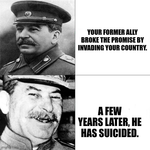 Our communism | YOUR FORMER ALLY BROKE THE PROMISE BY INVADING YOUR COUNTRY. A FEW YEARS LATER, HE HAS SUICIDED. | image tagged in memes,history,wars | made w/ Imgflip meme maker