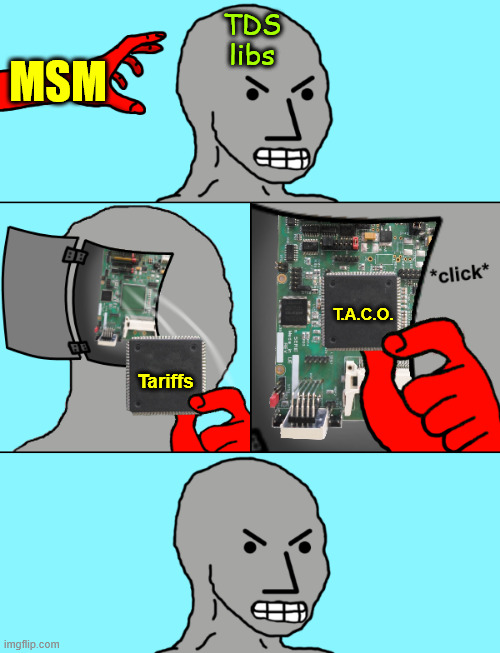 NPC Update Chip | MSM; TDS libs; T.A.C.O. Tariffs | image tagged in npc update chip | made w/ Imgflip meme maker