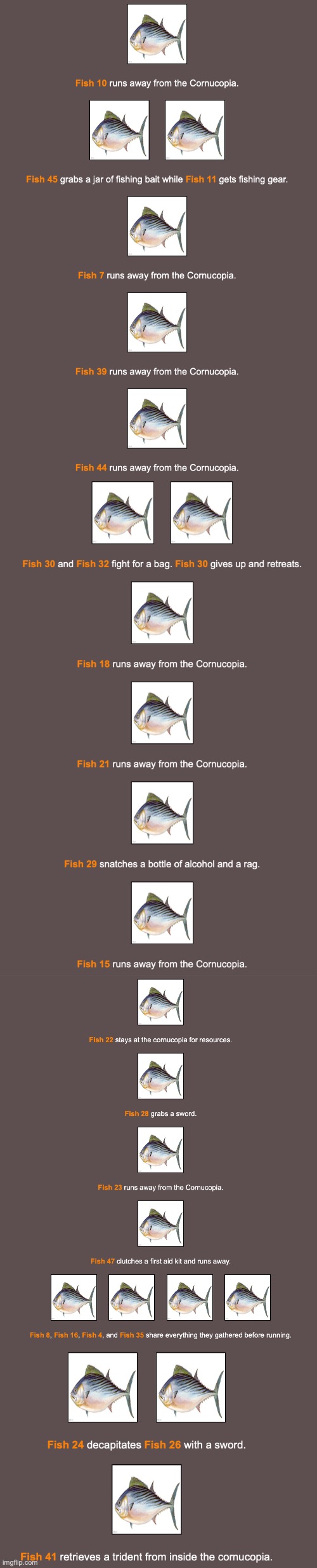 "Fish 41 retrieves a trident" that's some serious Aquaman shit | image tagged in fish hunger game | made w/ Imgflip meme maker