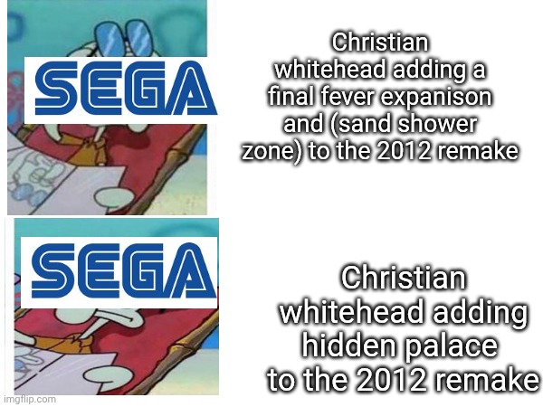 SEGA | Christian whitehead adding a final fever expanison and (sand shower zone) to the 2012 remake; Christian whitehead adding hidden palace  to the 2012 remake | image tagged in sega | made w/ Imgflip meme maker
