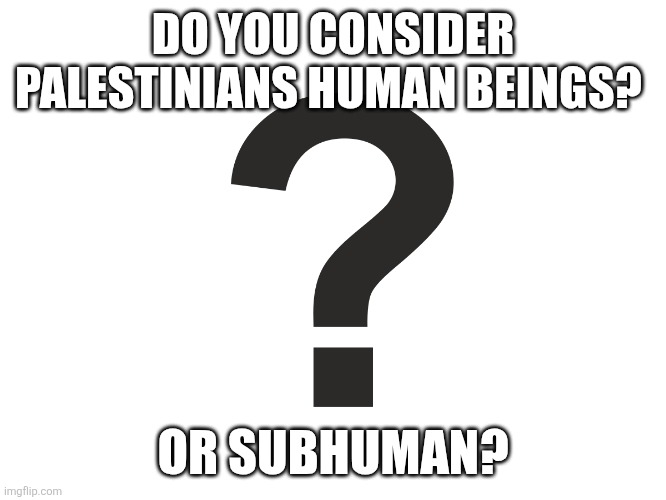 Yes or no. The assignment is simple. No evasiveness, no obfuscations, no mealy-mouthing. | DO YOU CONSIDER PALESTINIANS HUMAN BEINGS? OR SUBHUMAN? | image tagged in question mark | made w/ Imgflip meme maker