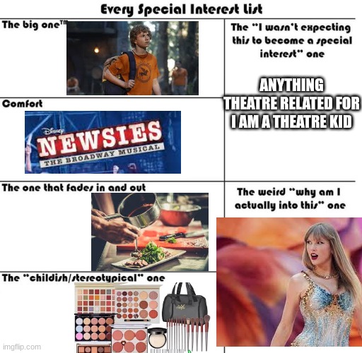 I am a swiftie please don't hate me guys ? | ANYTHING THEATRE RELATED FOR I AM A THEATRE KID | image tagged in newsies,percy jackson,cooking,makeup,theater kid,taylor swift | made w/ Imgflip meme maker