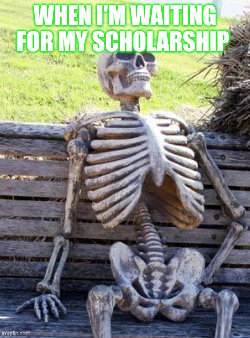 Waiting Skeleton | WHEN I'M WAITING FOR MY SCHOLARSHIP | image tagged in memes,waiting skeleton,funny | made w/ Imgflip meme maker