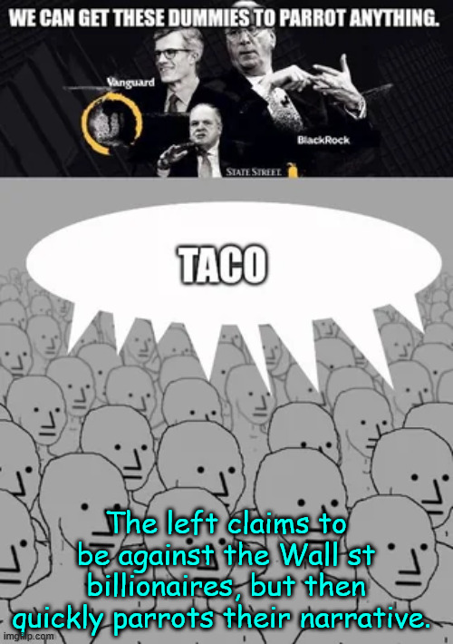 Libs make the best parrots for the elite owned MSM narrative | The left claims to be against the Wall st billionaires, but then quickly parrots their narrative. | image tagged in bs de jour,taco,lib parrots,never fails | made w/ Imgflip meme maker