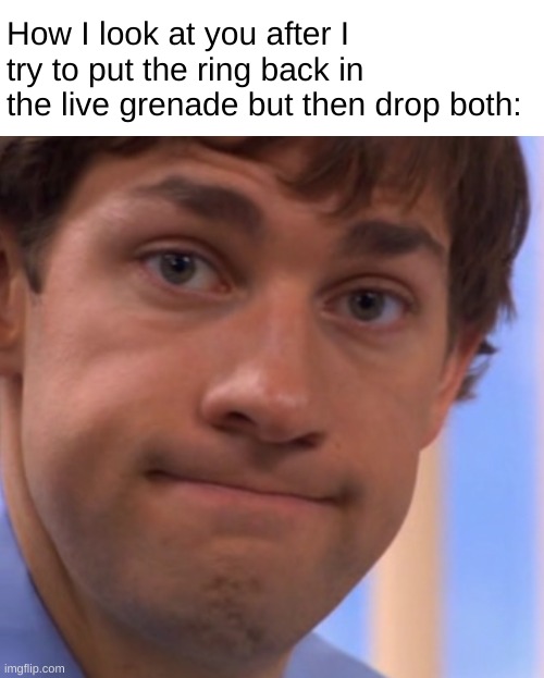 Your POV | How I look at you after I try to put the ring back in the live grenade but then drop both: | image tagged in welp jim face,grenade | made w/ Imgflip meme maker