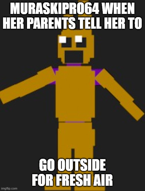 Springcock failure | MURASKIPRO64 WHEN HER PARENTS TELL HER TO; GO OUTSIDE FOR FRESH AIR | image tagged in spring lock failure | made w/ Imgflip meme maker