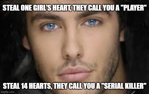 handsome face | STEAL ONE GIRL'S HEART, THEY CALL YOU A "PLAYER"; STEAL 14 HEARTS, THEY CALL YOU A "SERIAL KILLER" | image tagged in handsome face | made w/ Imgflip meme maker